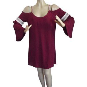 Interi Dress Sz Medium Burgundy Renaissance Cold Off Shoulder Crinkled Boho y2k
